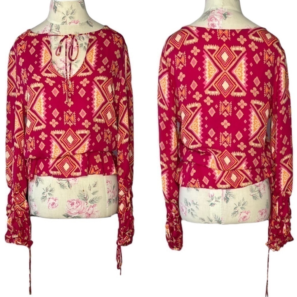 Tory Burch Geometric Silk Long Sleeve Blouse, Pink & Orange, Size 4